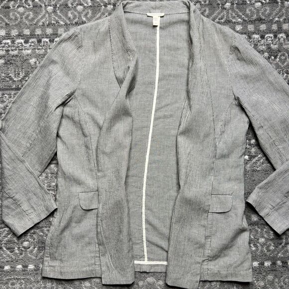 EILEEN FISHER Linen Blend Open Stripe Blazer Jacket Medium Long Sleeve Neutral - Picture 2 of 8